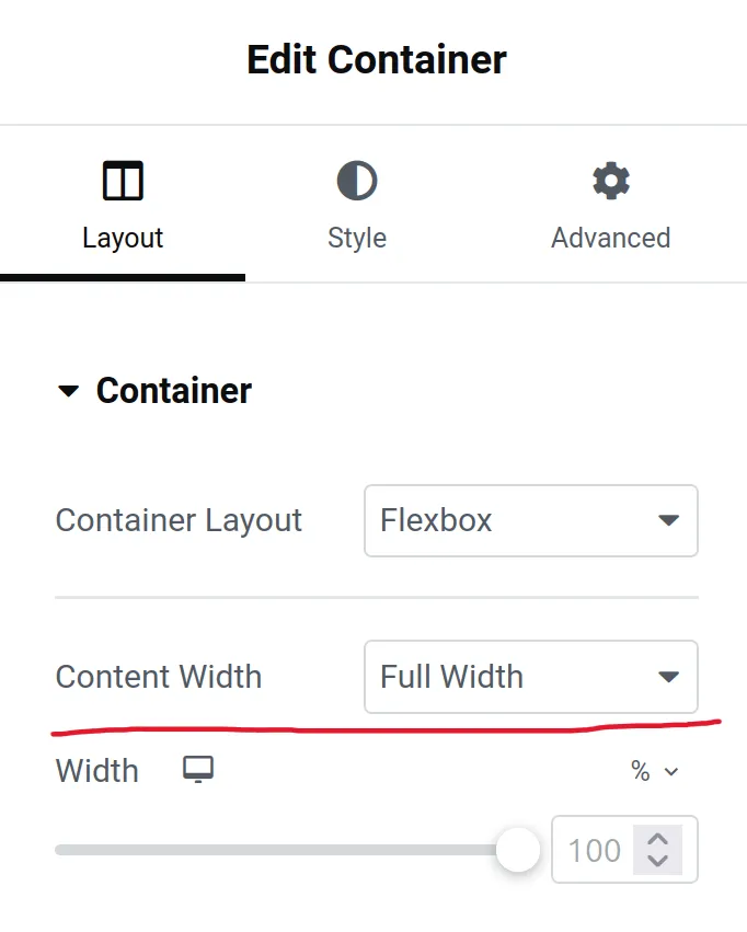 Parent container settings panel where the content width is set to fullwidth