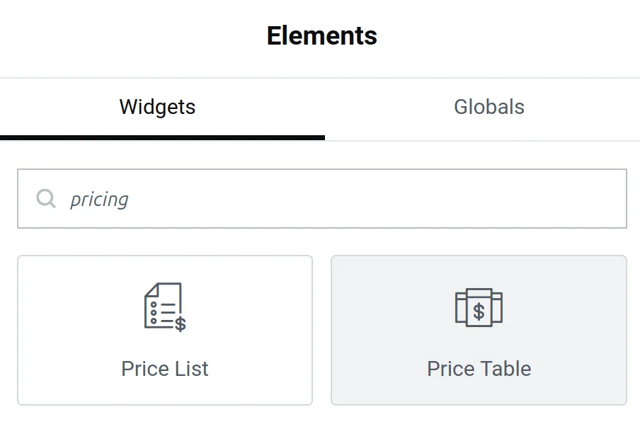 elementor pricing table widget