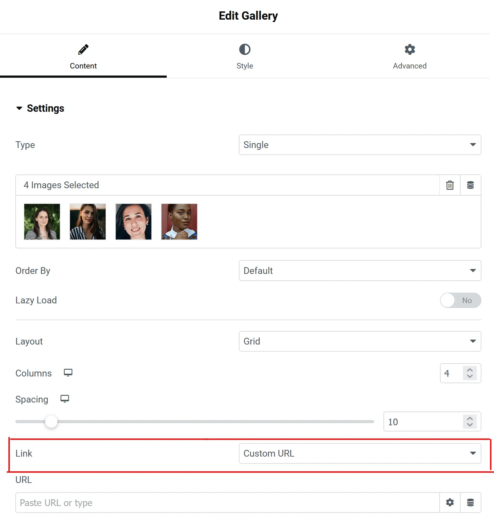 the content tab of the pro gallery widget with a highlight of the link set to custom url