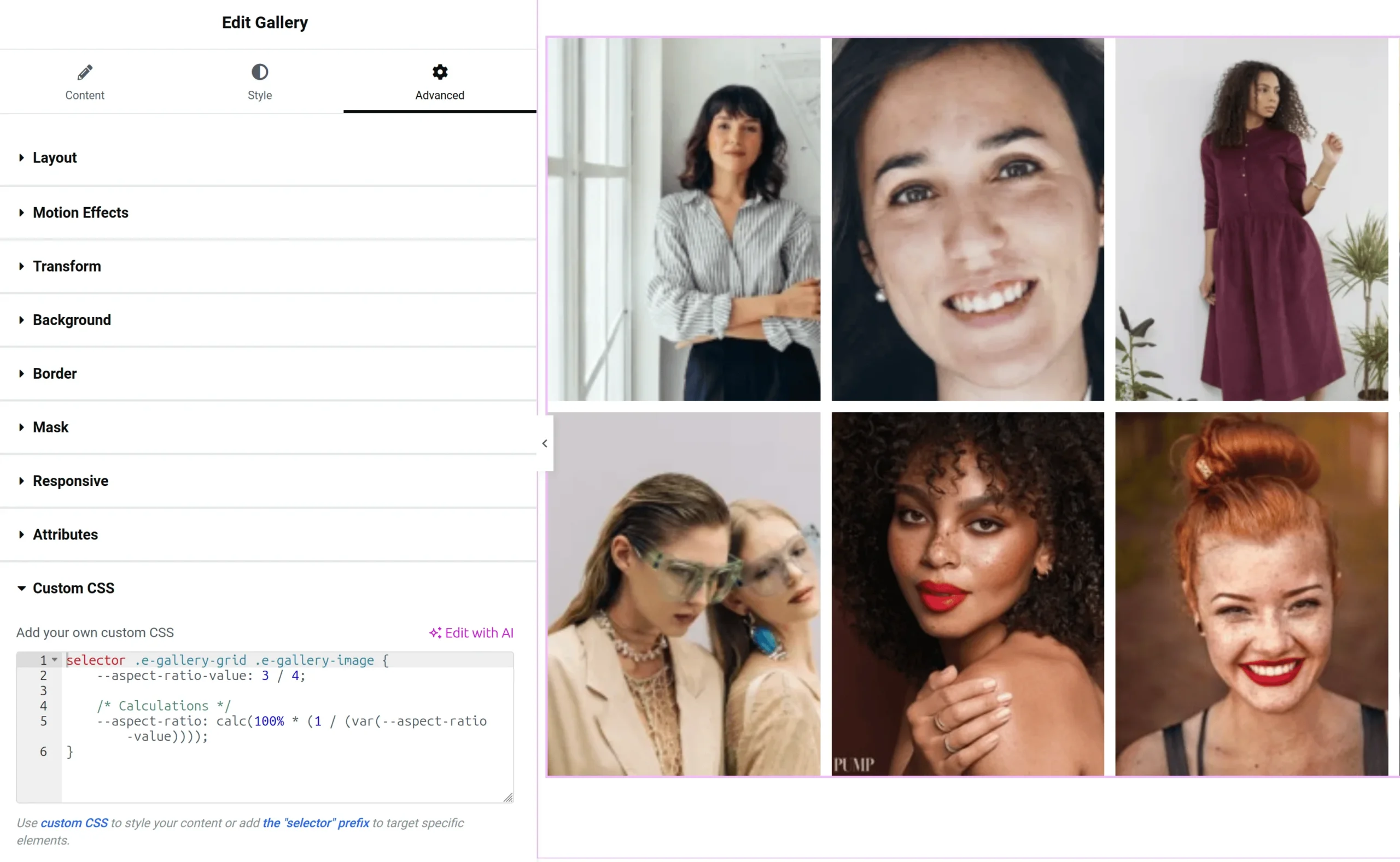 adding custom CSS to the pro gallery widget for aspect ratio