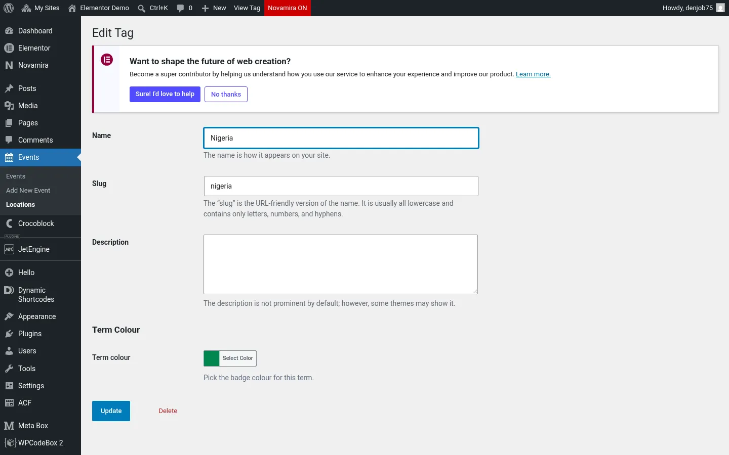 The ACF Term Colour colour-picker field on a WordPress taxonomy term edit screen