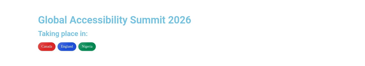 Three colour-coded location badges — Canada in red, England in blue, Nigeria in green — shown under an event title on a live demo page