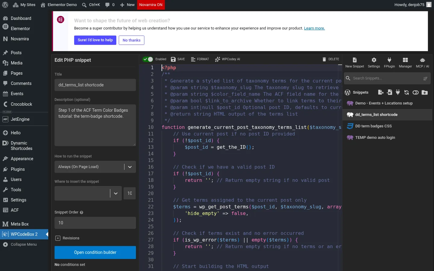 The dd_terms_list PHP shortcode shown in the WPCodeBox snippet editor