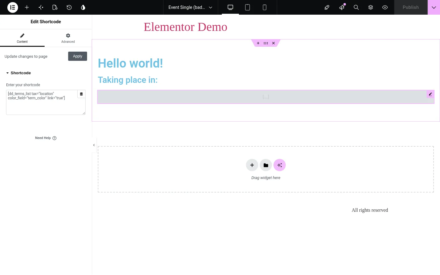 The Elementor editor showing a Shortcode widget containing the dd_terms_list shortcode