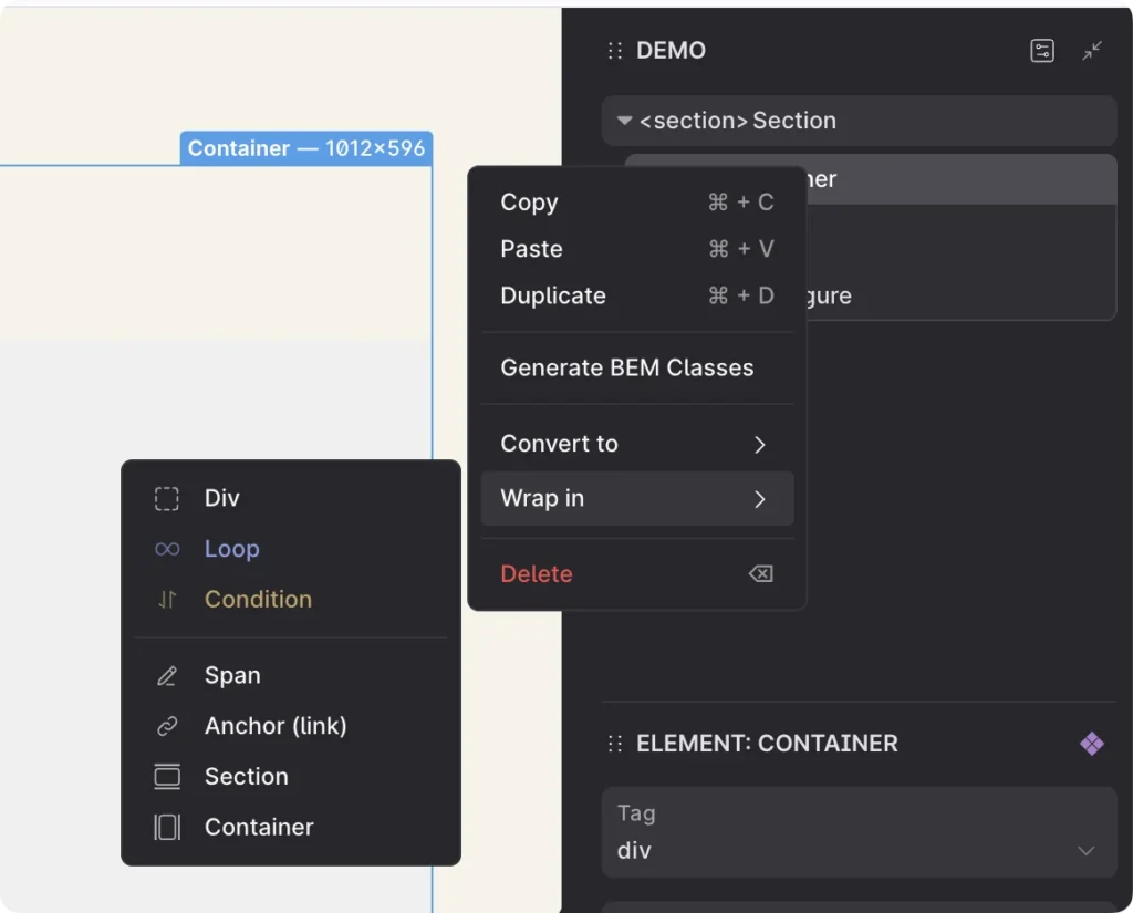 Etch element context menu open, listing actions such as generating BEM classes and wrapping an element in a loop, link, div or section