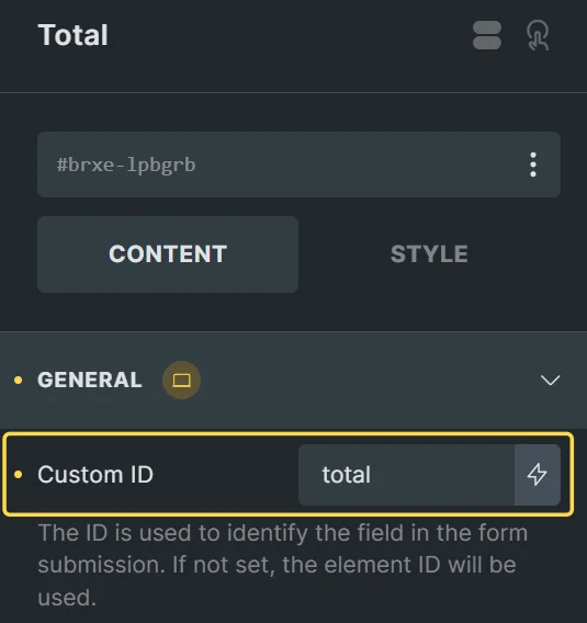 Elements settings of a Pro Form calculation field element with the Custom ID set to totals