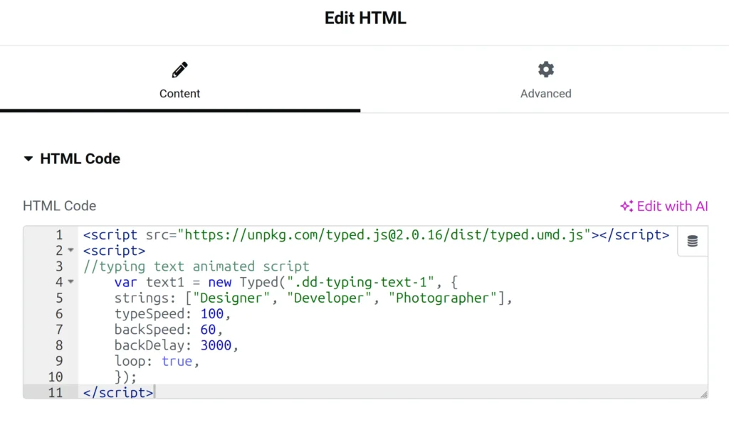 Add your animated heading text in HTML widget