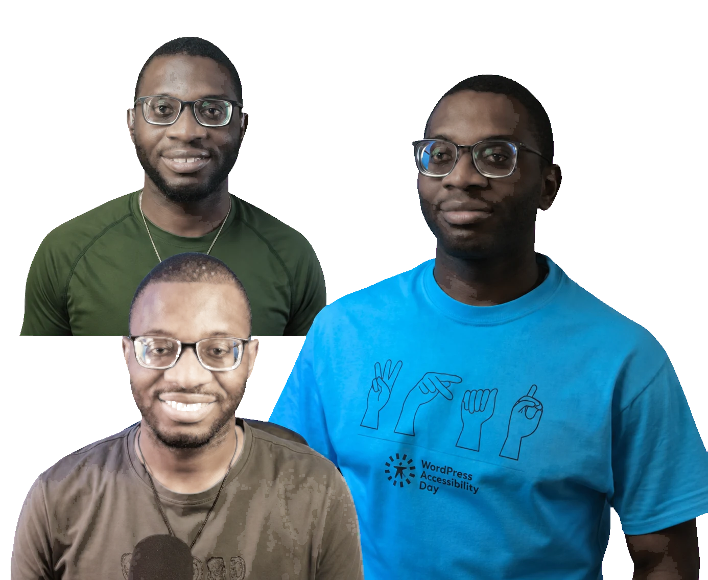 Three cutout photographs of David Denedo wearing glasses: in a green shirt, smiling behind a microphone, and wearing a blue WordPress Accessibility Day t-shirt.