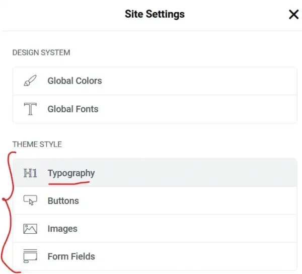 Elementor's typography site settings