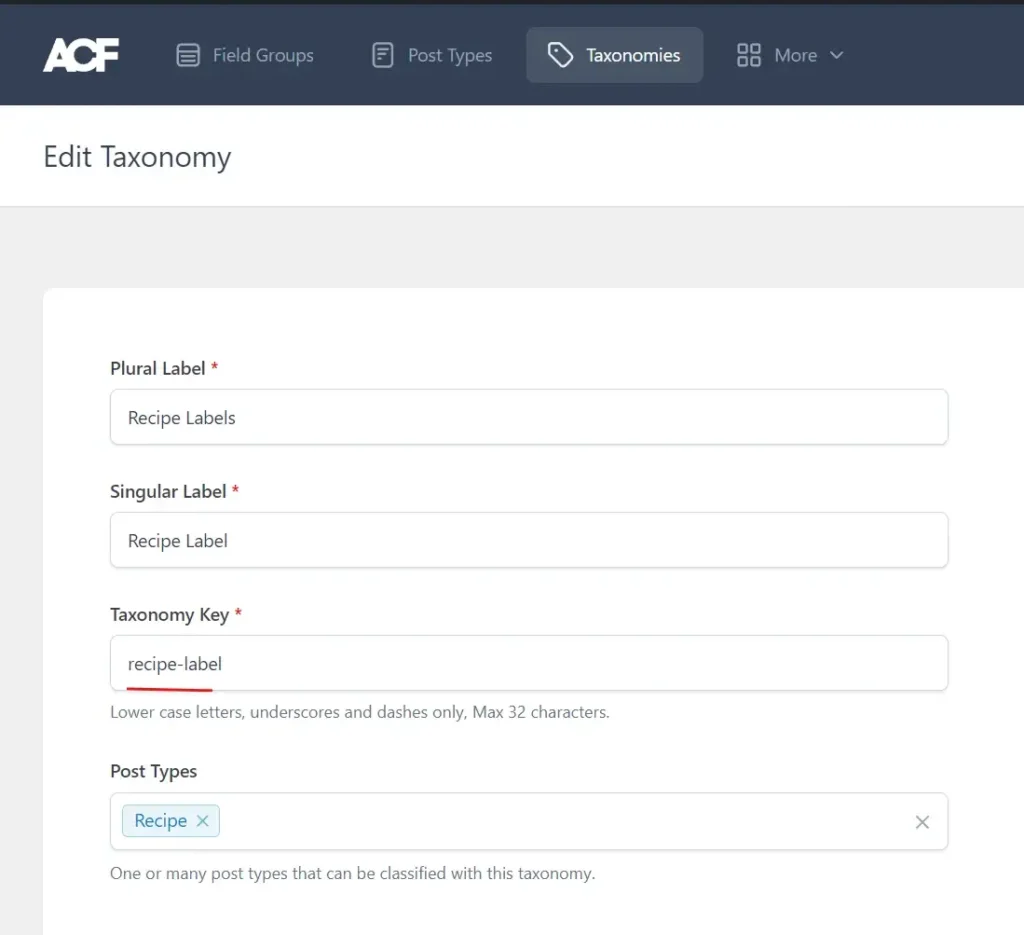 The screenshot of the ACF Taxonomy Key