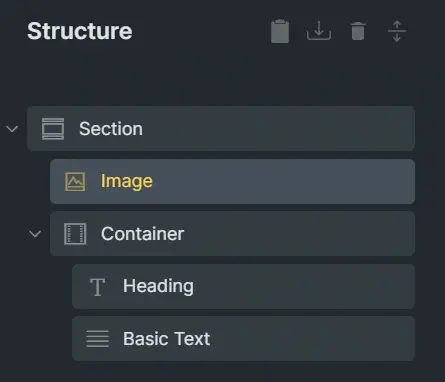 the bricks structure panel showing the section with a child image and container, then the container also has a child heading and basic text widget