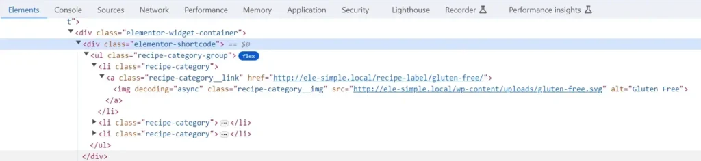 generated html for the recipe label shortcode