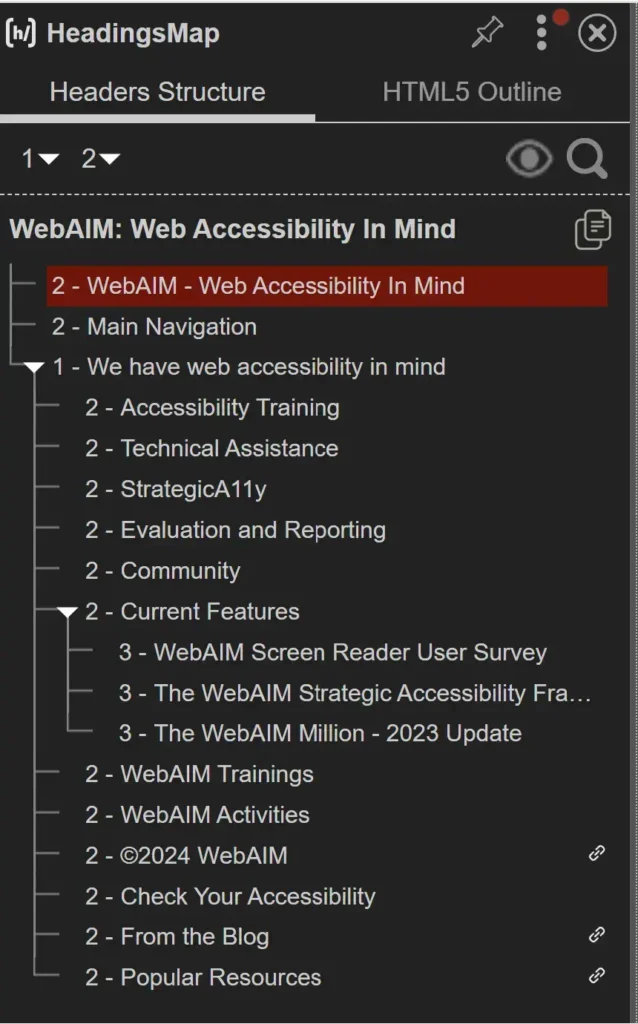 A screenshot of the headings outline for the WebAim homepage showing two h2 appearing before the h1 tag, taken using the HeadingsMap chrome extension